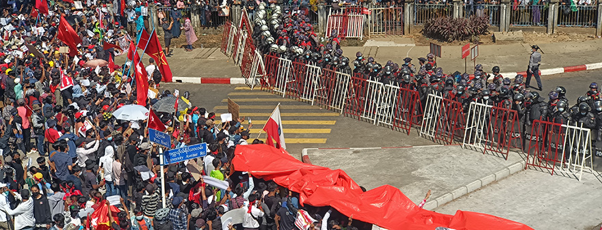 Protesters rally against the military coup in Yangon, Myanmar, Feb. 9, 2021. 